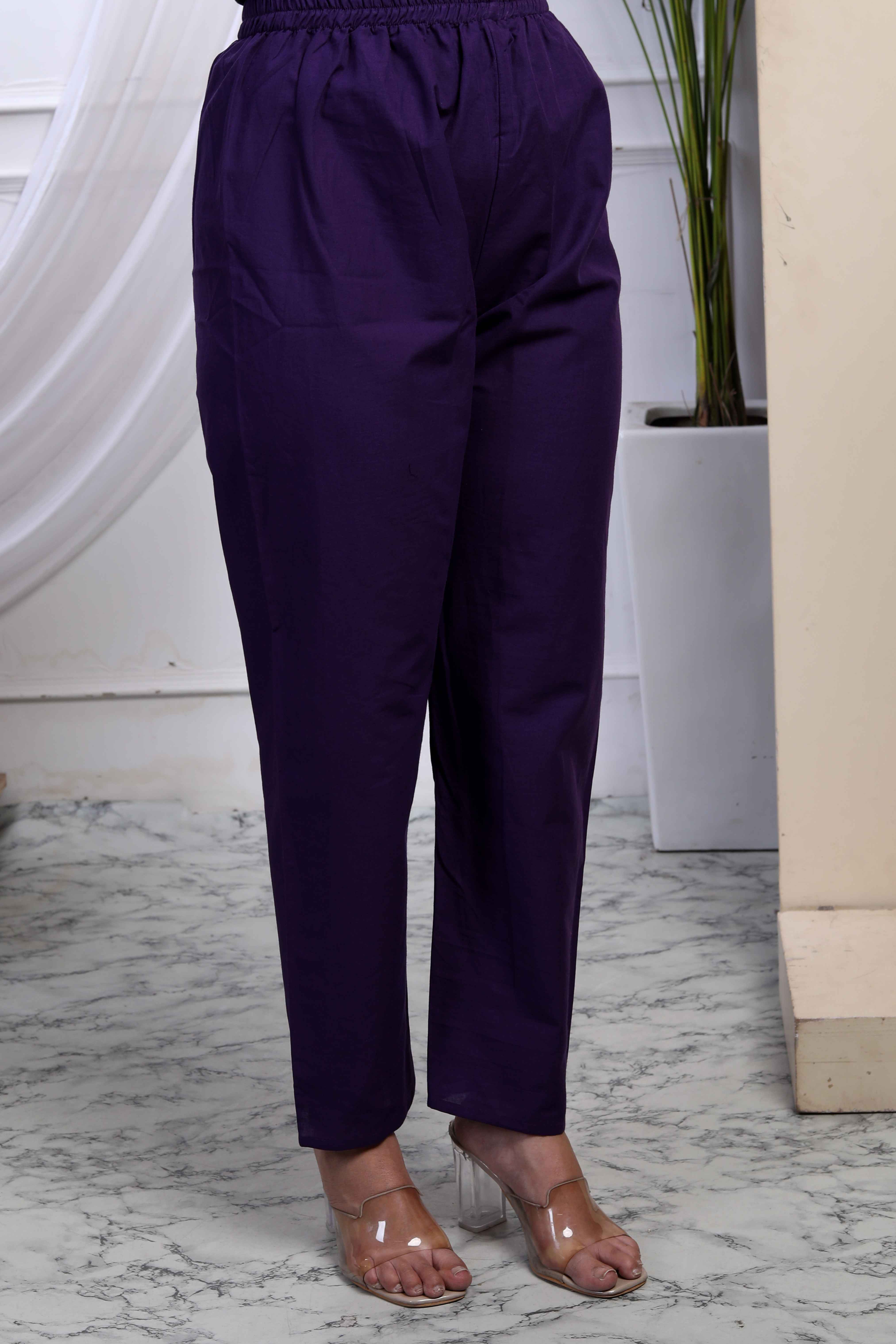 Purple Embroidered Cotton Kurta with Palazzo & Dupatta Set